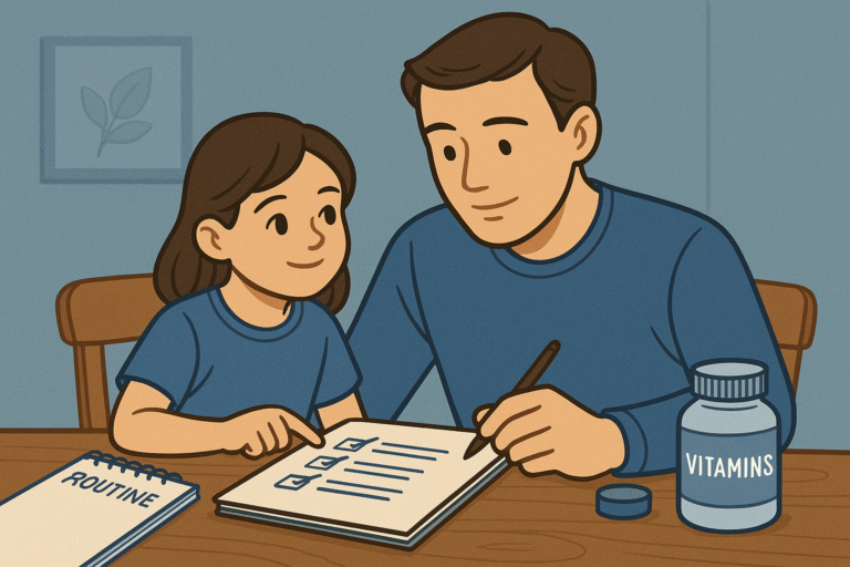 디지털 일러스트 – 청색 계열 배경에서 중년 아빠가 어린 딸과 함께 건강 루틴을 실천하는 모습