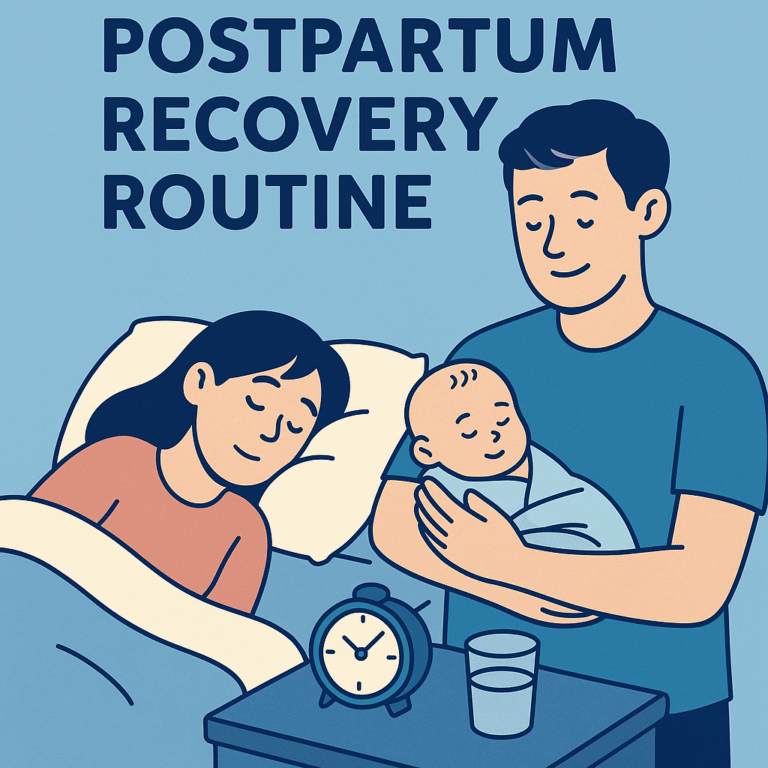 신생아와 함께하는 중년 아빠의 회복 루틴을 시각화한 디지털 일러스트