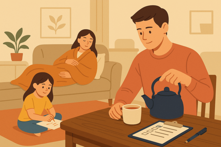 출산을 앞두고 가족이 함께 준비하는 건강 루틴을 실천하는 모습 - HealthOps 스타일 일러스트