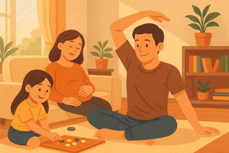 중년 아빠와 딸이 함께 아침 루틴을 실천하는 따뜻한 장면을 플랫 스타일로 표현한 디지털 일러스트