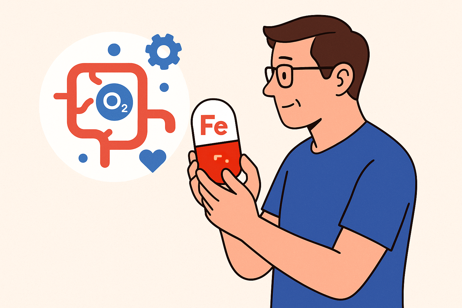 철분 루틴을 실천하는 중년 남성과 건강 시스템을 상징하는 산소 순환 일러스트