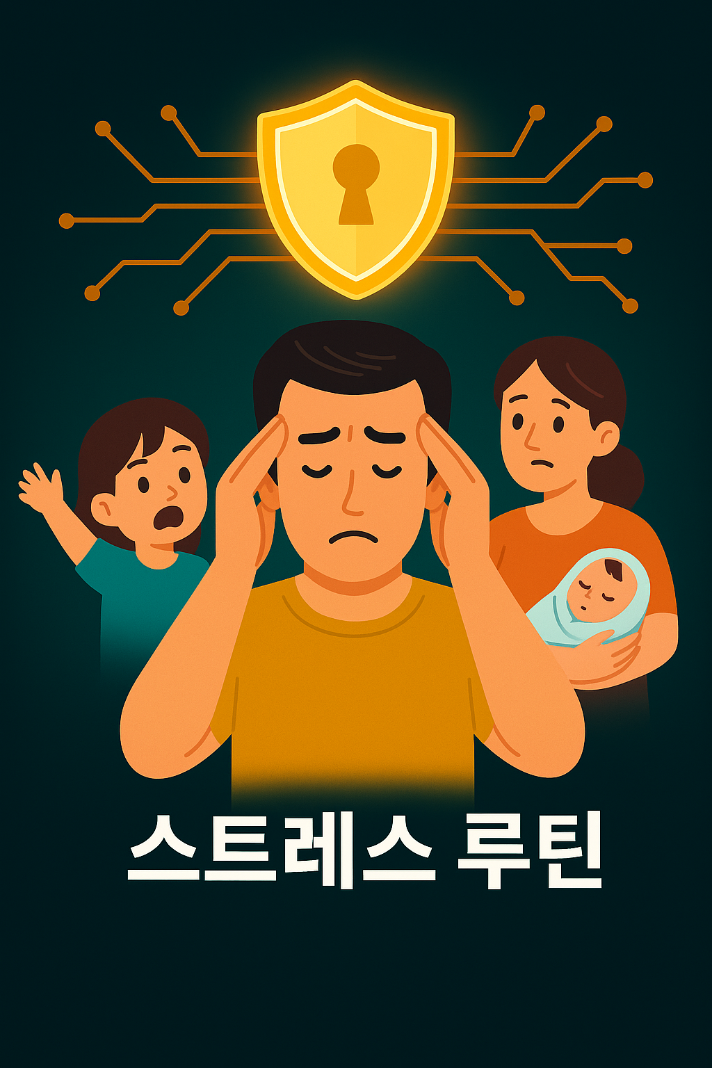 건강 시스템을 지키는 아빠, 디지털 방화벽처럼 스트레스를 차단하는 중년 남성 일러스트