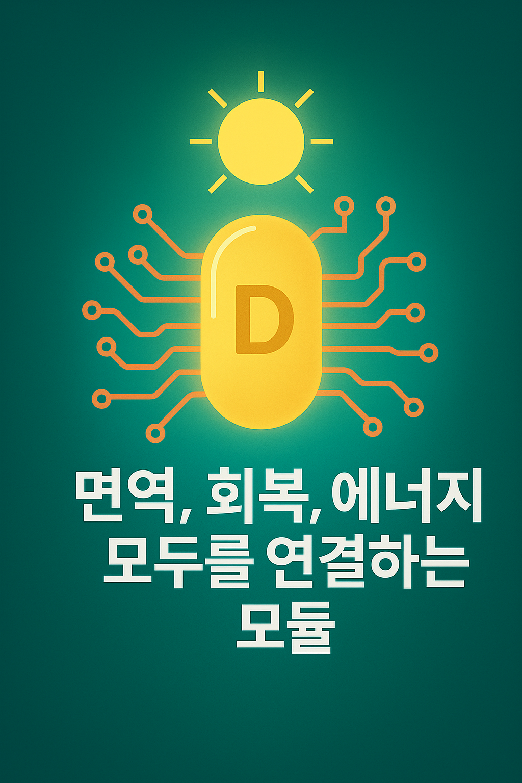 햇빛과 비타민 D가 면역과 회복을 연결하는 시스템 모듈로 표현된 일러스트 썸네일 이미지